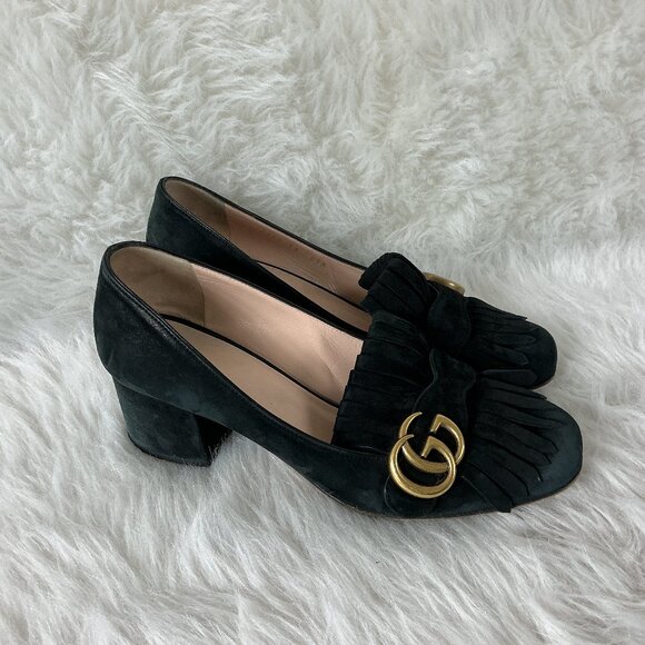 Gucci Black Suede Kiltie Fringe GG Logo Marmont Heeled Loafers EU 38 US 8